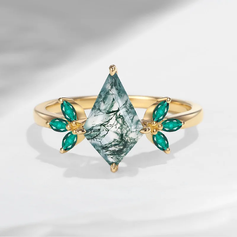 bespoke engagement rings -Unique Kite Shaped Moss Agate & Emerald Butterfly Engagement Ring