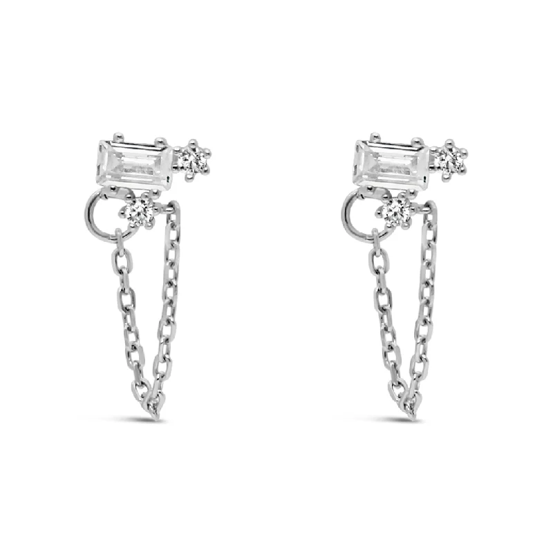 women’s ear cuff earrings -BAGUETTE CUT LOOP STUD SILVER EARRING