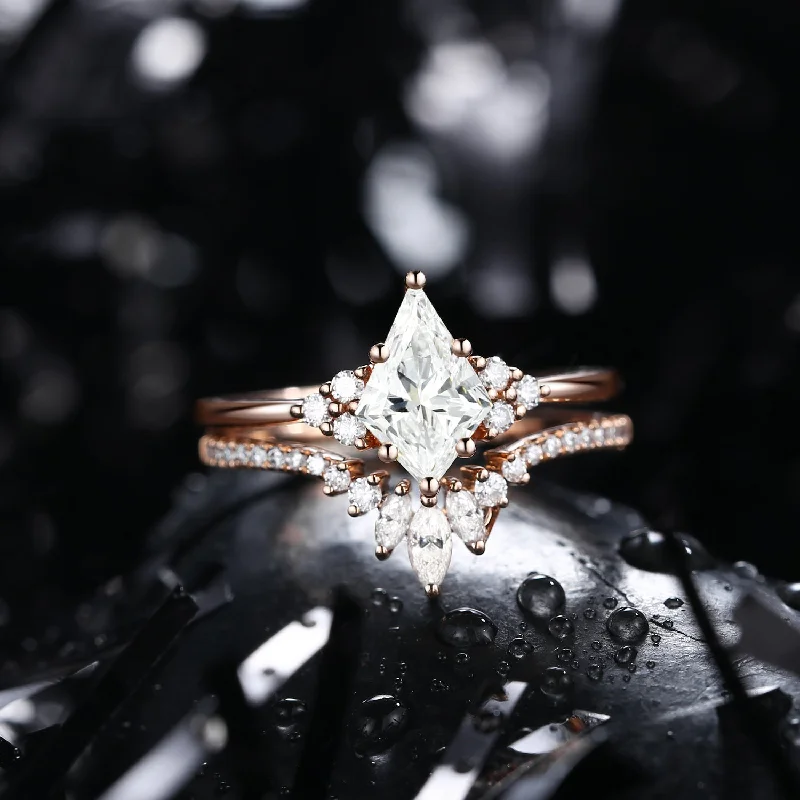 vintage rose gold engagement rings -1.0-2.0ct Kite Cut Lab Diamond Classic Cluster Engagement Ring Set 2pcs