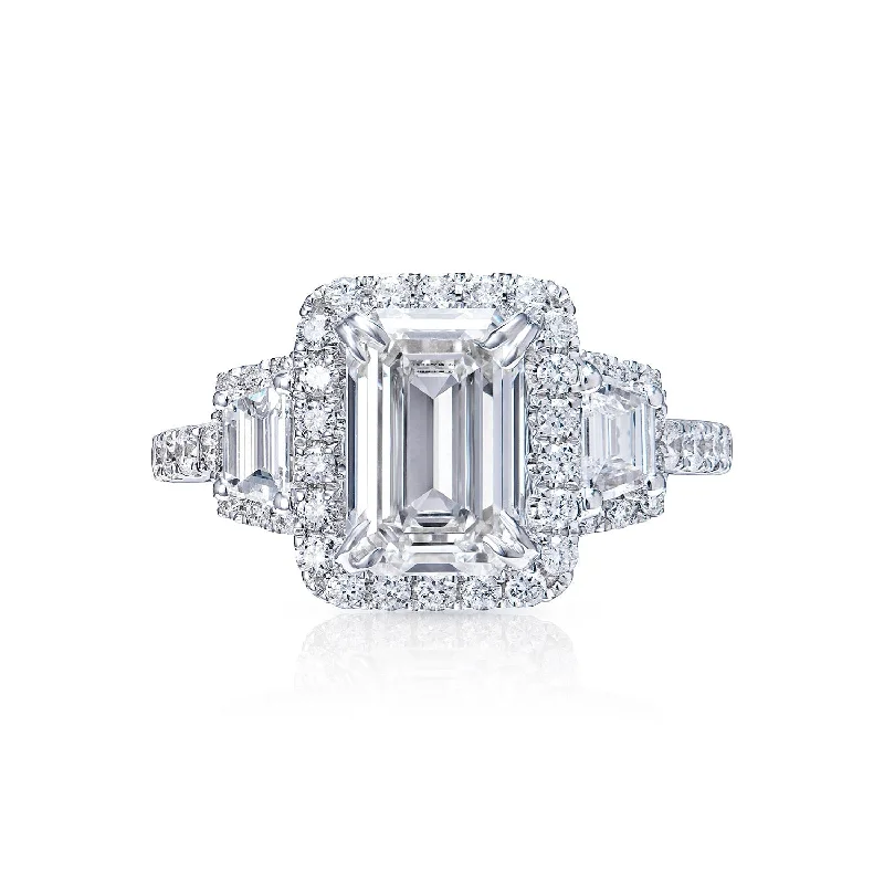 trendy rings for women -LYCHE 3 Carat Emerald Cut Lab Grown Diamond Engagement Vintage Halo Ring IGI Certified