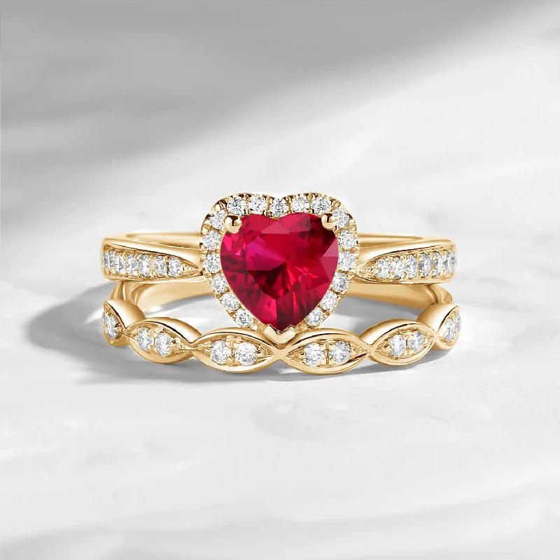 bridal set engagement rings -Unique Heart Shaped Halo Lab Ruby Engagement Ring 2pcs Set