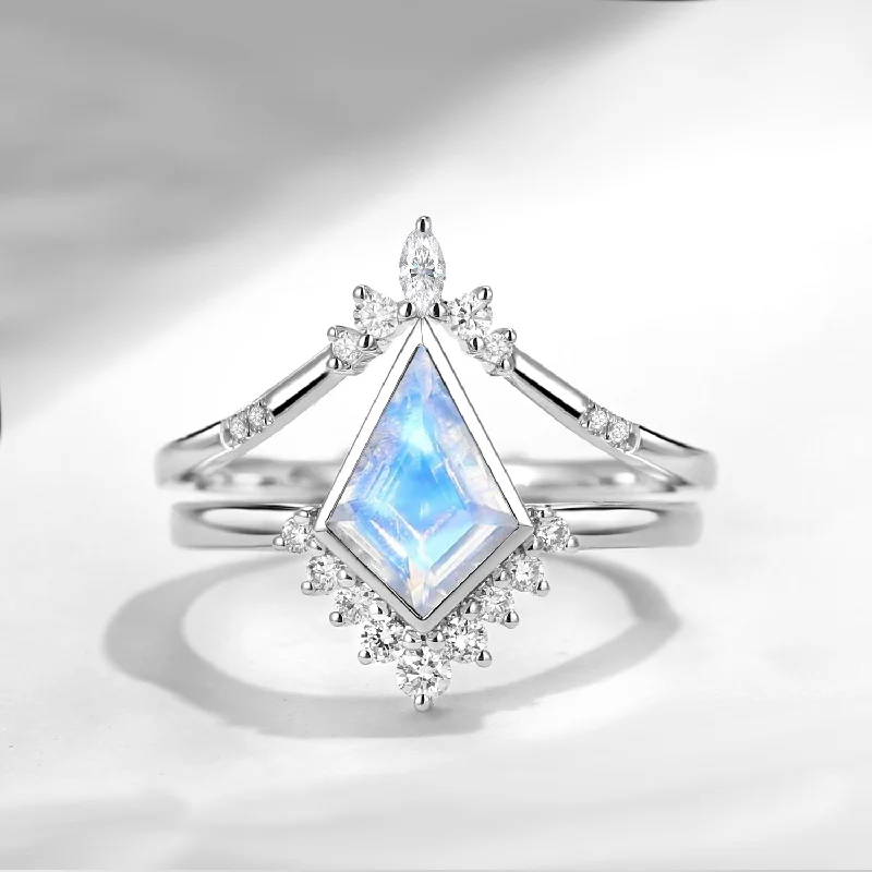 diamond engagement rings for women -Kite Cut Moonstone Engagement Ring Set 2pcs