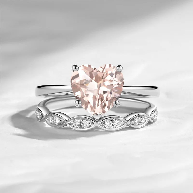 women’s simple wedding rings -Unique Heart Shaped Solitare Morganite Engagement Ring 2pcs Set