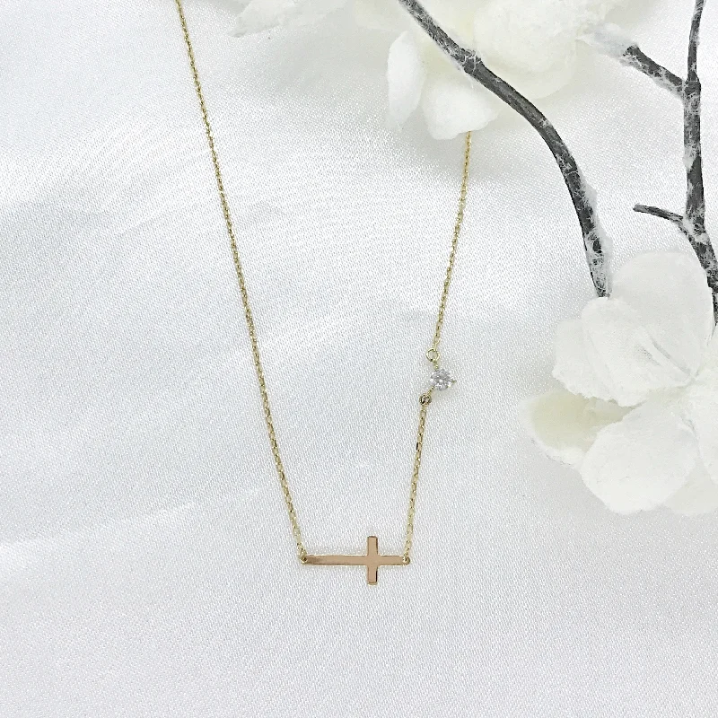 adjustable necklaces for women -10K Gold Sideways Cross Necklace with CZ