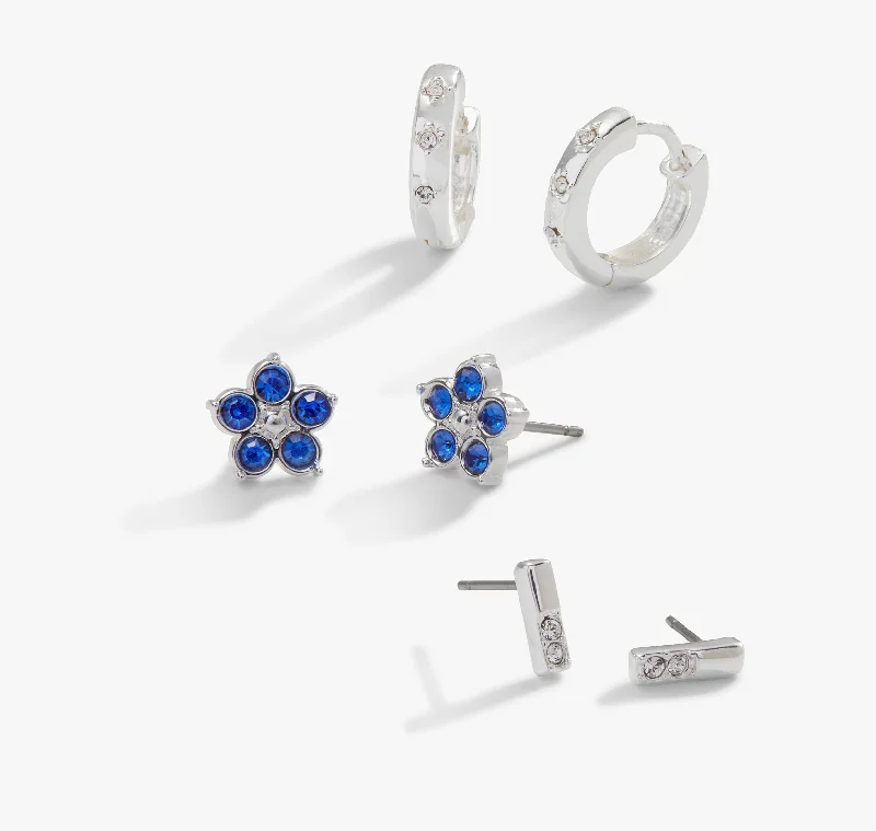 gold earrings for women -Crystal Forget-Me-Not Flower Stud + Hoop Earrings, Set of 3