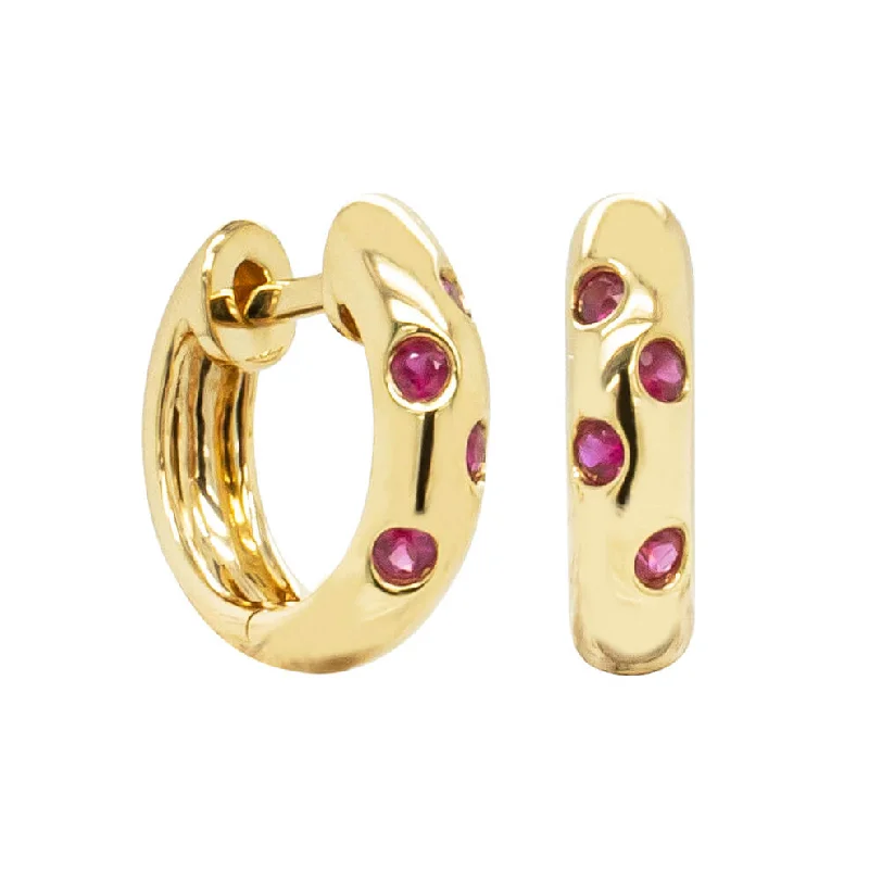 bohemian earrings for women -18ct Yellow Gold .16ct Ruby Lucky Huggie Earrings