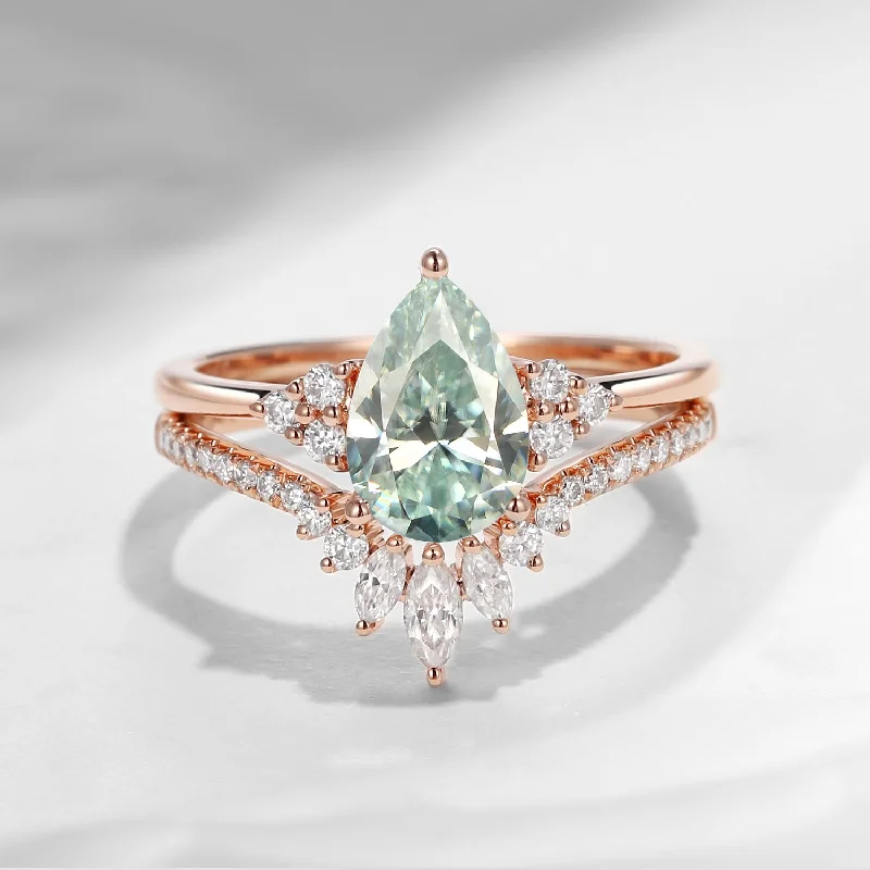 women’s engagement ring sets -In Stock | 1.5ct Pear Shaped Mint Moissanite Classic Cluster Engagement Ring Set 2pcs - Vivian