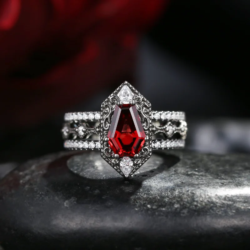 classic engagement rings for women -Non-Traditional Coffin Cut Garnet Vampire Shield Engagement Ring Set 3pcs