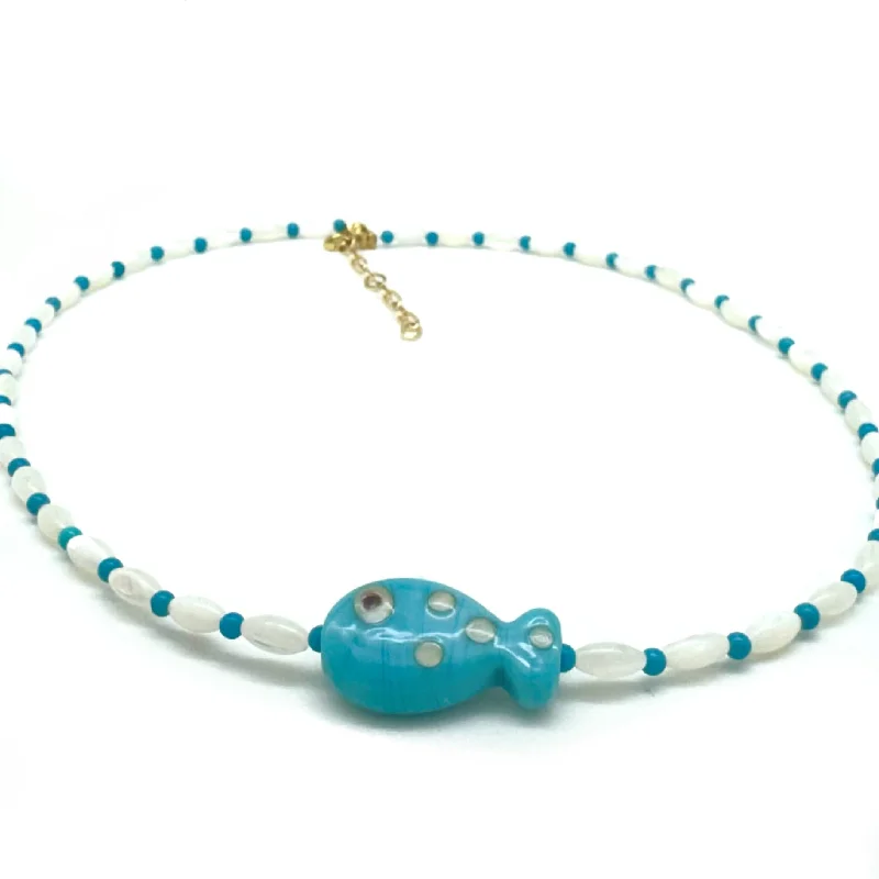 women’s pearl pendants -MOTHER OF PEARL/TURQUOISE FISH NECKLACE