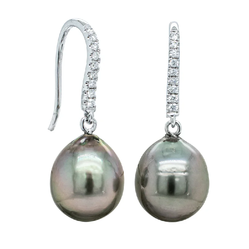 trendy earrings for parties -18ct White Gold Tahitian Black Pearl & Diamond Drop Earrings