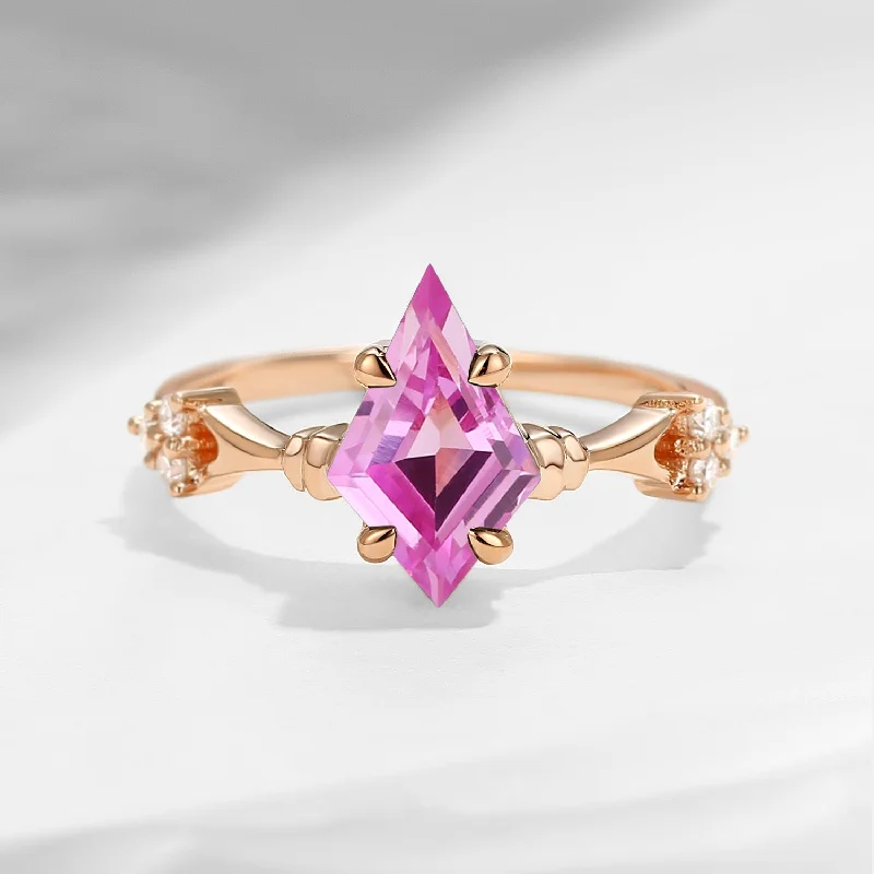 luxury engagement rings -Vintage Inspired Kite Cut Lab Pink Sapphire Engagement Ring