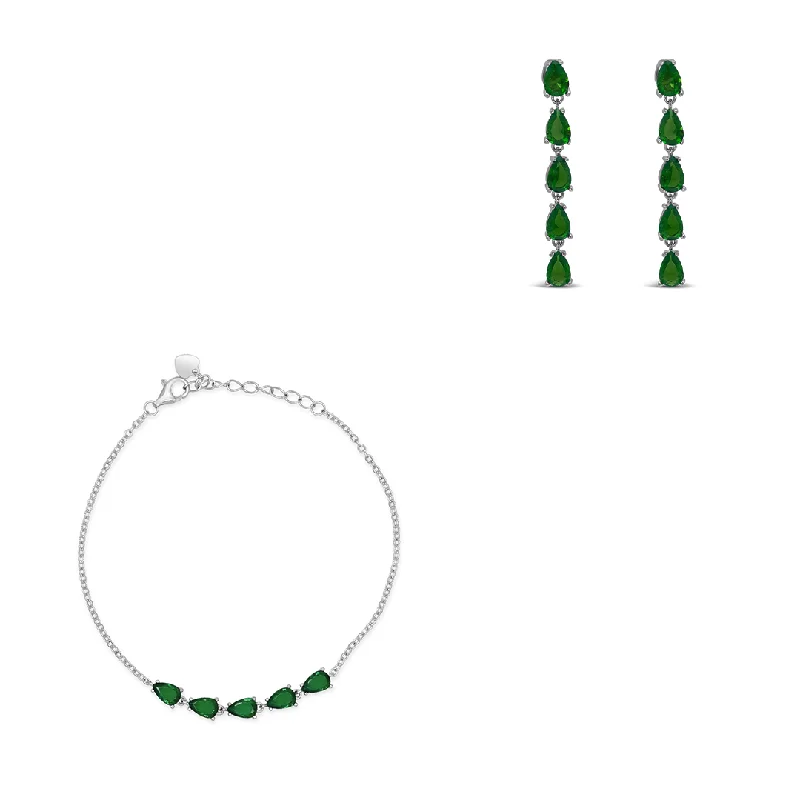 women’s custom earrings -GREEN LINE OF PEARS BRACELET & STUD EARRING HALF SILVER SET