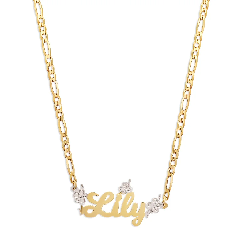 gold pendant necklaces for women -THE FLOWER SCRIPT NAMEPLATE NECKLACE