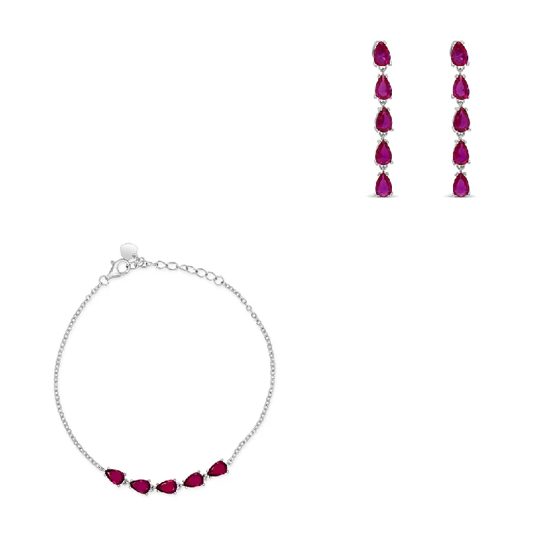 women’s sterling silver earrings -REDDISH PINK LINE OF PEARS BRACELET & STUD EARRING HALF SILVER SET