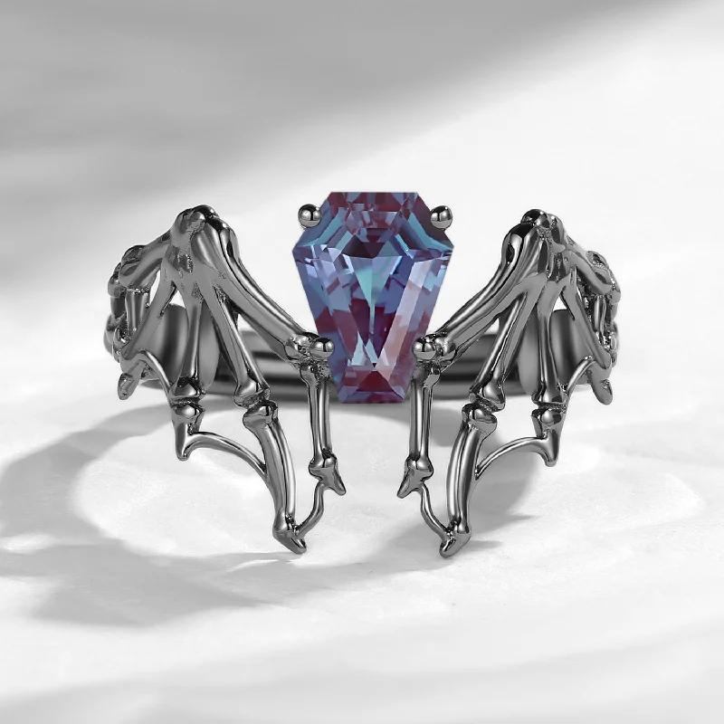 high-end engagement rings -Lab Alexandrite Coffin Cut Vintage Inspired Black Gold Engagement Ring - Bat Ring