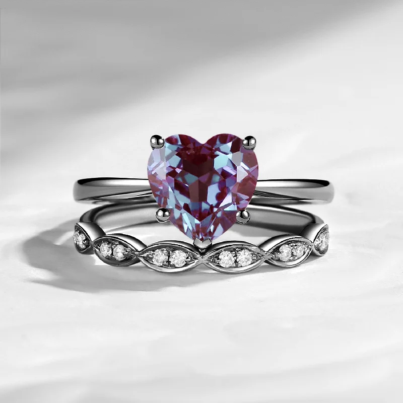 mixed metal engagement rings -Unique Heart Shaped Solitare Lab Alexandrite Engagement Ring 2pcs Set