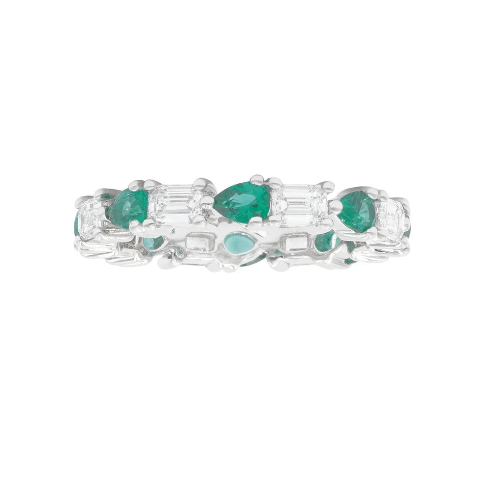 emerald rings for women -Lidwina 2.46 Carat Emerald Cut Diamond & Pear Cut Emerald Eternity Ring in 14K White Gold