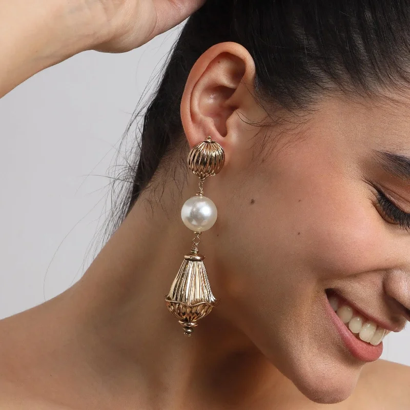 elegant hoop earrings -TFC Varied Vortex Bold Bead and Pearl Gold Plated Shoulder Duster Dangler Earrings