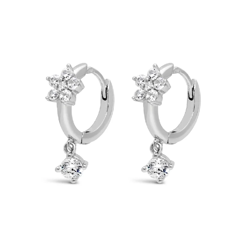 cute earrings for women -FLOWER DROPPING ROUND STONED HOOP SILVER EARRING