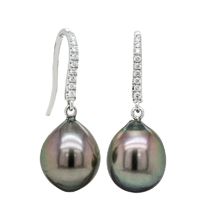 women’s vintage earrings -18ct White Gold Tahitian Black Pearl & Diamond Drop Earrings