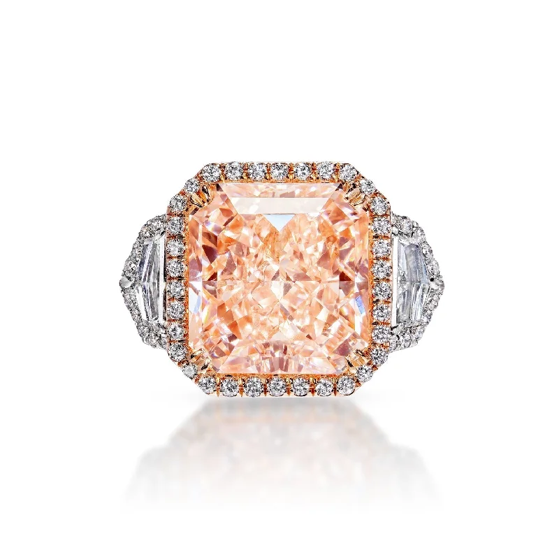 stackable rings for women -PRIEM 15 Carat Radiant Cut Fancy Intense Orangy Pink Three Stone Diamond Engagement Ring GIA Certified 13 CT Fancy Orangey Pink by Mike Nekta NYC