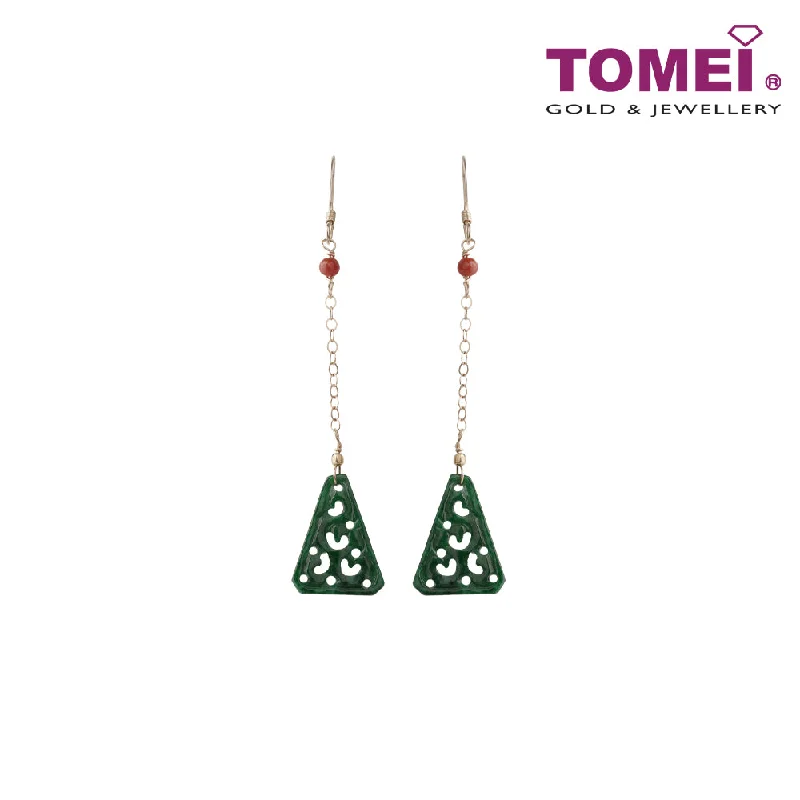 gold chain earrings for women -TOMEI Unique Carving Jade A Dangling Earrings, Dark Green I Yellow Gold 585 (J30000055)