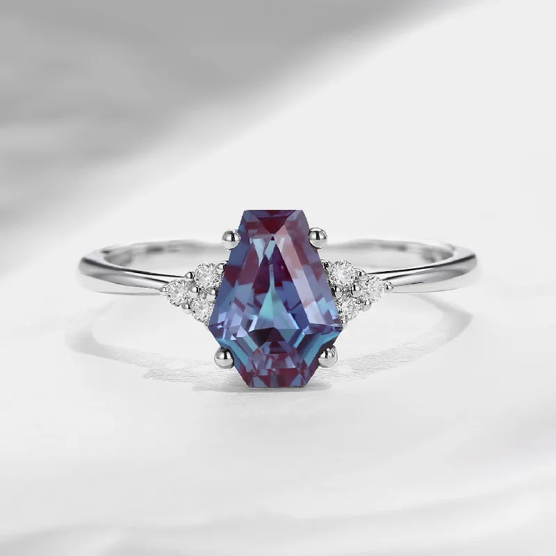 mixed metal engagement rings -Cluster Coffin Shaped Lab Alexandrite Classic Engagement Ring