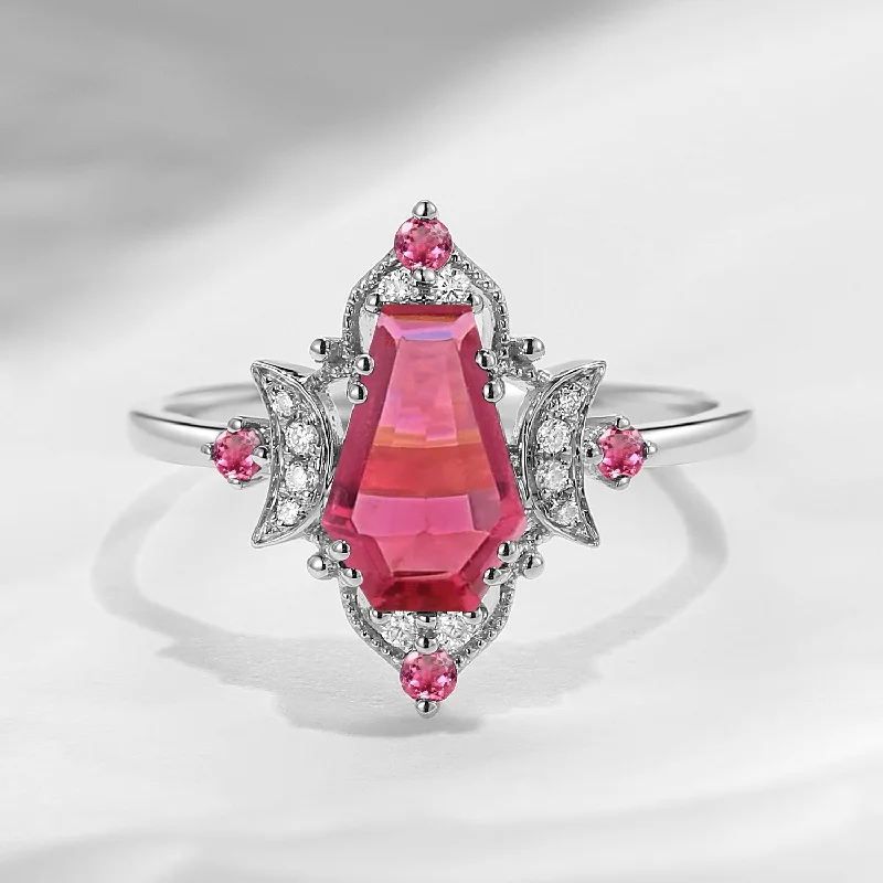 women’s engagement rings with colored stones -Crescent Moon｜Unique Coffin Natural Pink Tourmaline 'Evermore' Engagement Ring