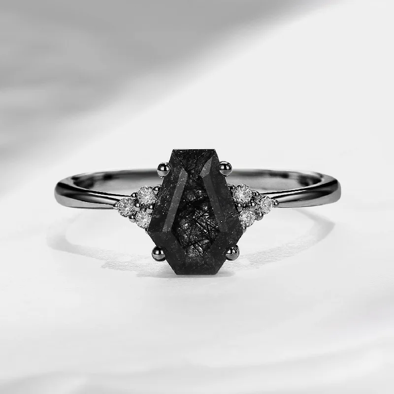 fancy cut engagement rings -Classic Coffin Shaped Black Rutilated Quartz Black Gold Engagement Ring