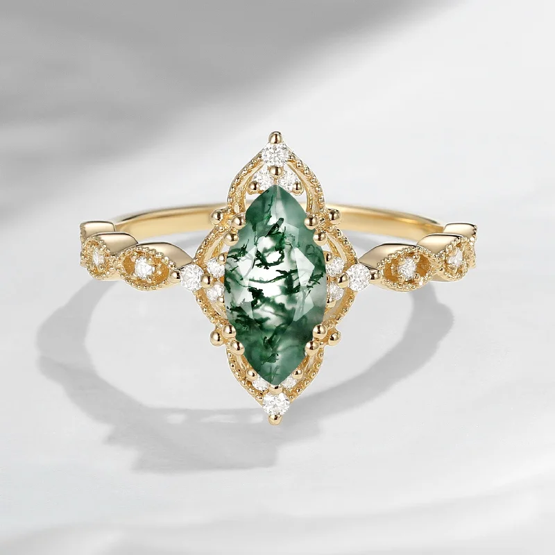 diamond wedding rings -18K Unique Marquise Moss Agate Vintage Inspired Engagement Ring