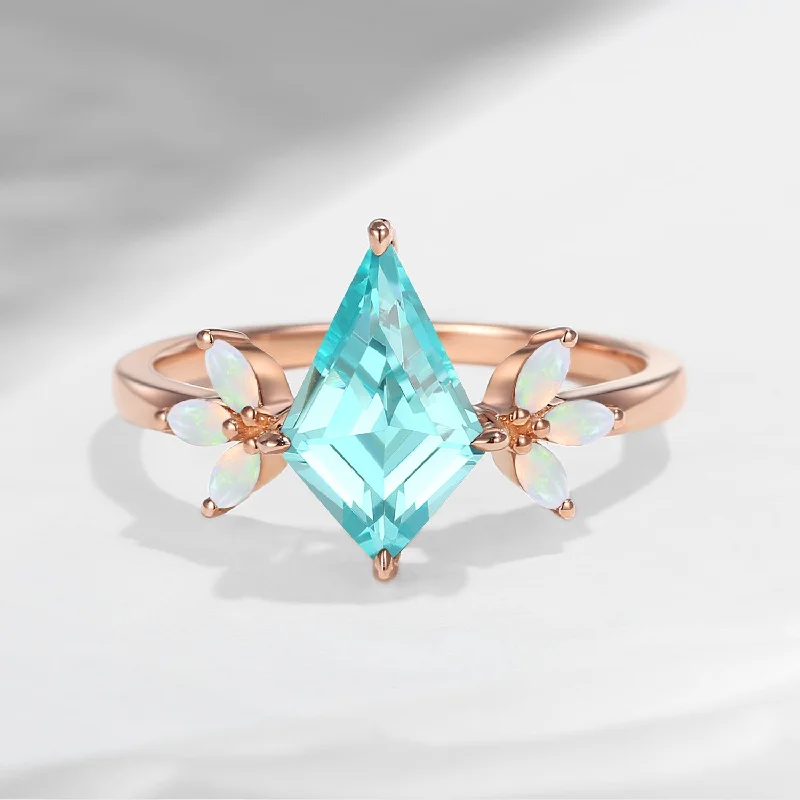 platinum diamond engagement rings -Kite Shaped Lab Paraiba & Opal Butterfly Cluster Engagement Ring