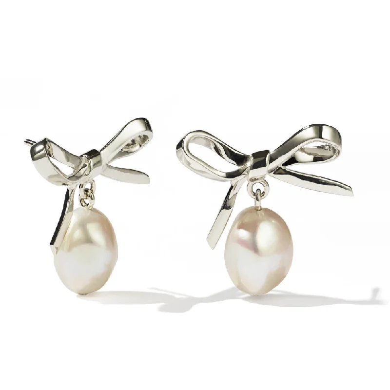 fashion earrings for women -Meadowlark Bow Pearl Earrings - Sterling Silver