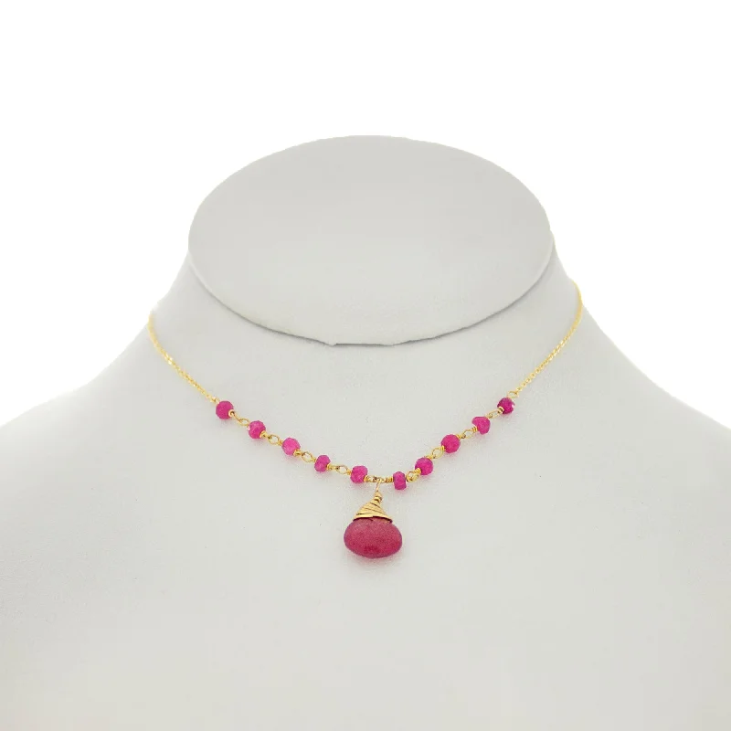 beautiful gemstone necklaces for women -French Pink - Ruby Drop & Rondelles Necklace