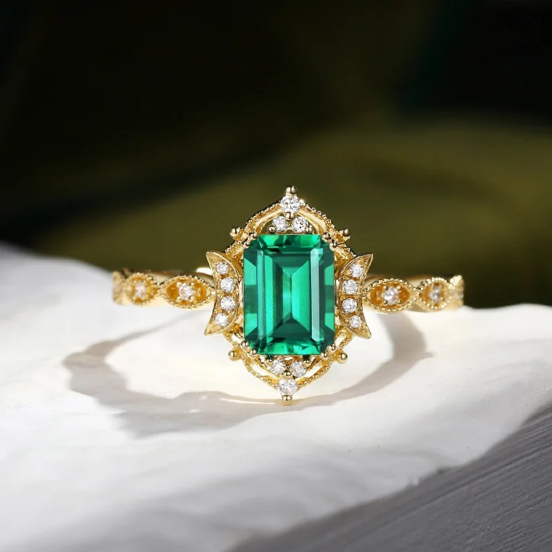 mixed metal engagement rings -Crescent Moon | Art Deco Emerald Cut Lab Emerald Engagement Ring