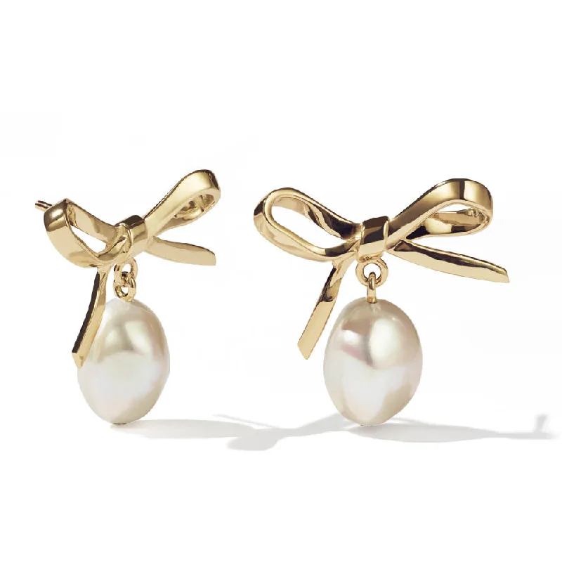 trendy earrings for women -Meadowlark Bow Pearl Earrings - Gold Plated