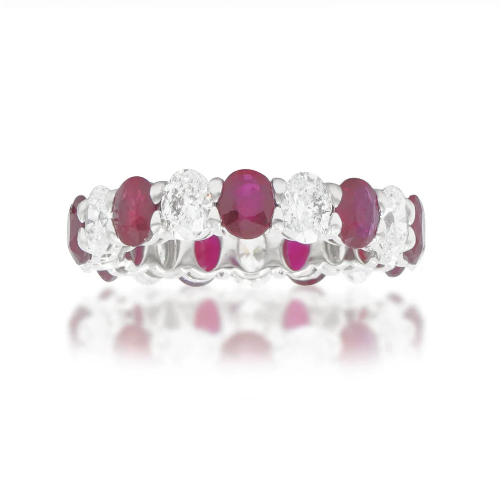 wedding band rings for women -Lovelyn 4.44 Carat Oval Cut Diamond & Ruby Eternity Ring in 14K White Gold