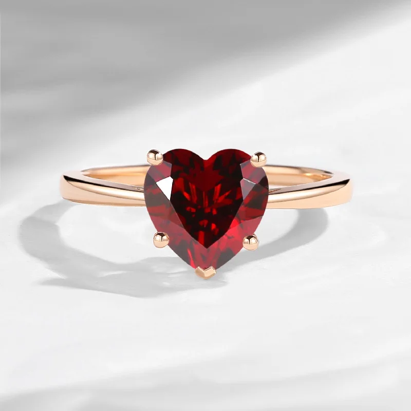 women’s simple wedding rings -Classic Heart Shaped Solitaire Garnet Promise Engagement Ring