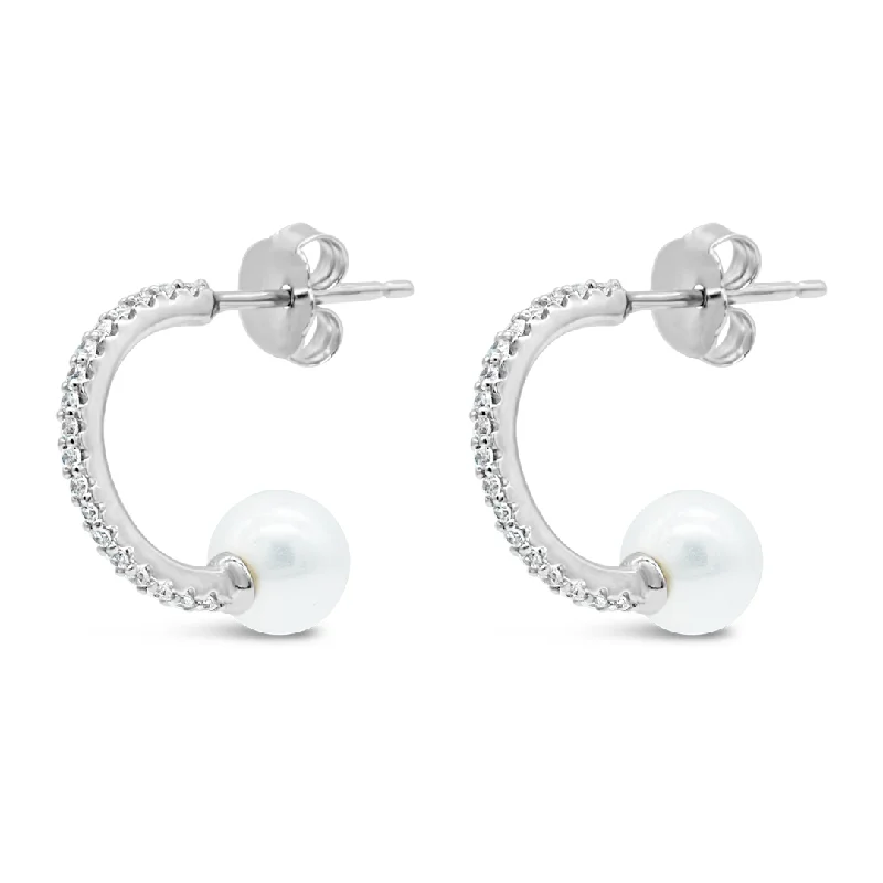 colorful earrings for women -CURVED PEARL STUD SILVER EARRING