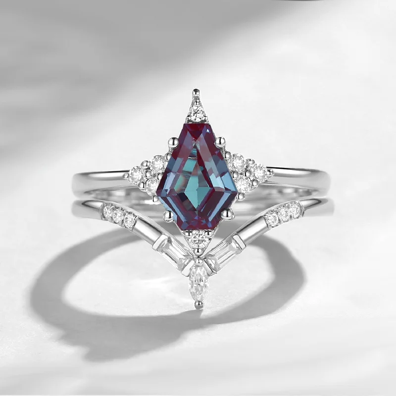 princess cut diamond engagement rings -Alexandrite Unique Coffin Engagement Ring Statement Star Ring Set 2pcs - Coffin Kite