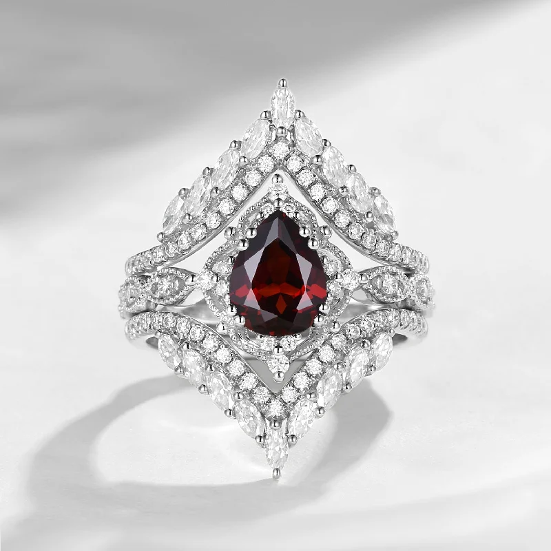 stackable engagement rings -Vintage Pear Cut Garnet Engagement Ring Cage Ring Set 2pcs