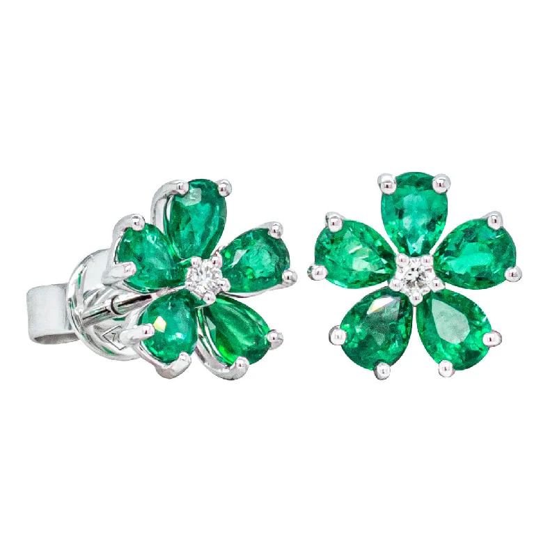 luxury earrings sets -18ct White Gold 1.52ct Emerald & Diamond Flower Earrings