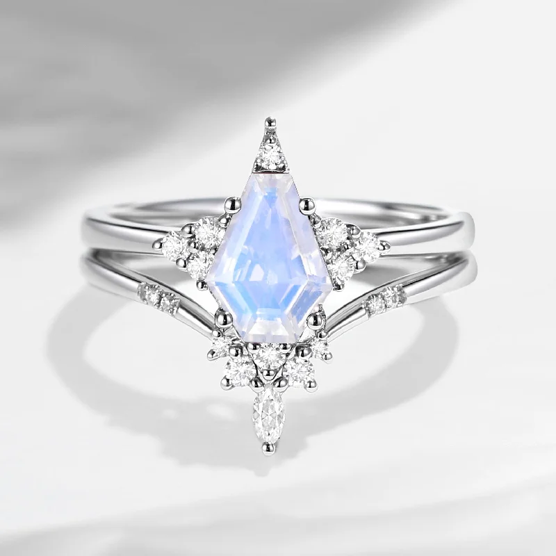 women’s engagement rings -18K Unique Coffin Moonstone Engagement Ring Star Ring Set 2pcs - Coffin Kite