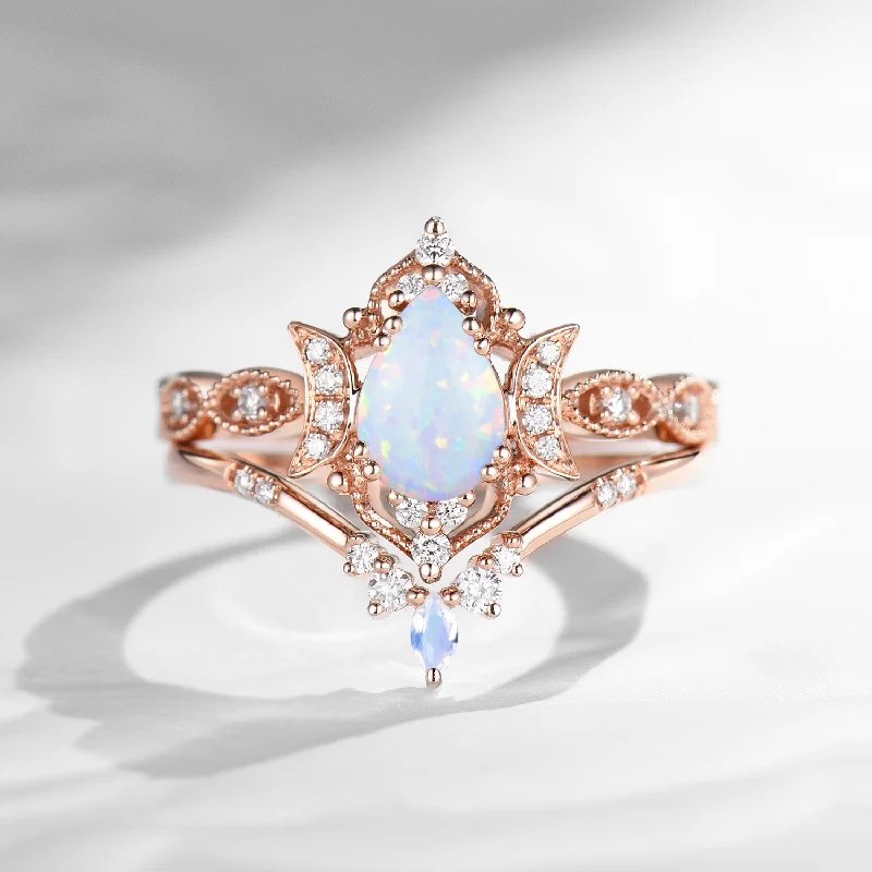 timeless engagement rings for women -Crescent Moon | Unique White Opal Moonstone Engagement Ring Set 2pcs - Luna