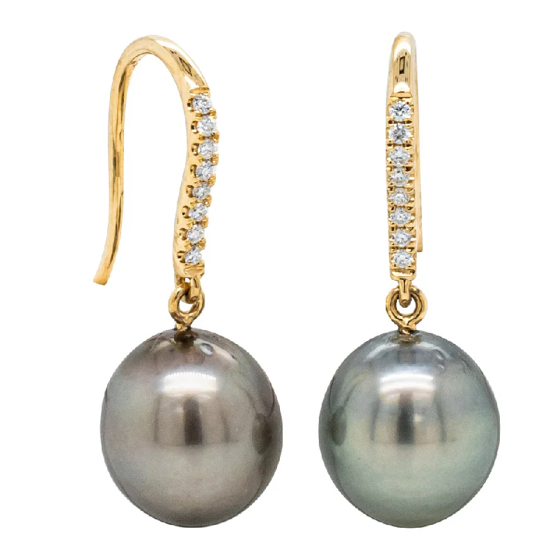 silver dangling earrings -18ct Yellow Gold Tahitian Black Pearl & Diamond Drop Earrings