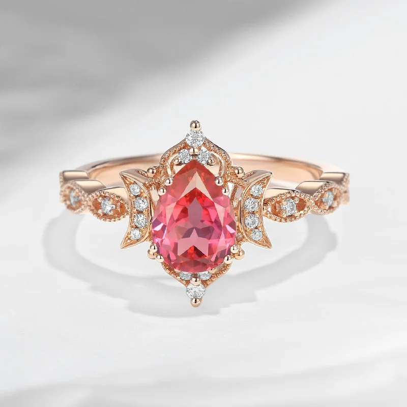 radiant cut engagement rings -Crescent Moon | Unique Pear Shaped Lab Padparadscha Engagement Ring