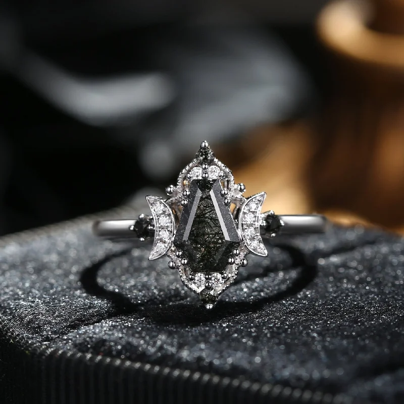 custom gold engagement rings -Crescent Moon | Vintage Style Coffin Cut Black Rutilated Quartz 'Evermore' Engagement Ring