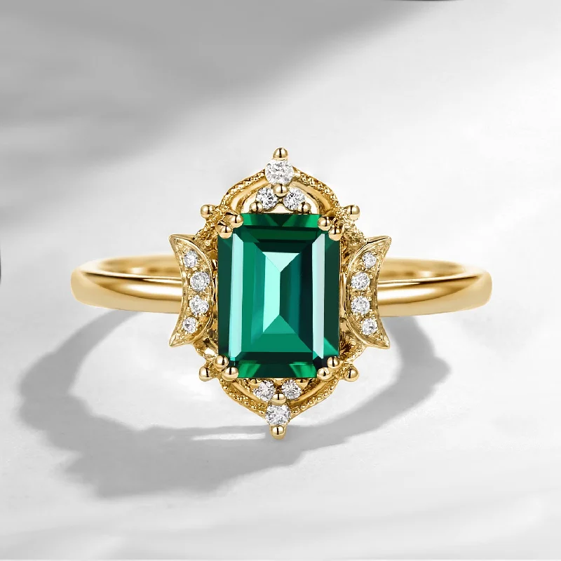 diamond engagement rings for women -Crescent Moon | Vintage Style Lab Emerald Engagement Ring