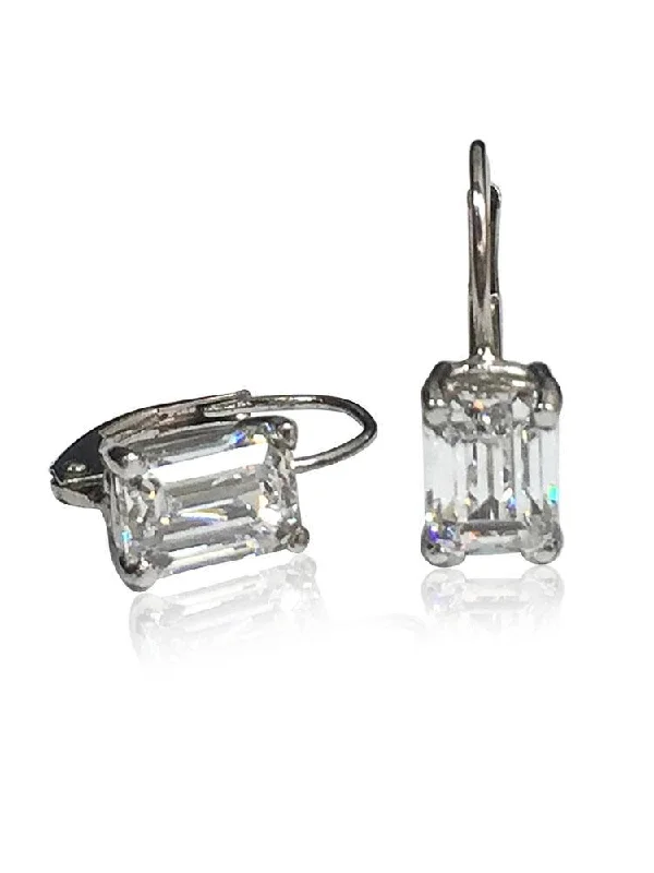 sleek hoop earrings for women -Emerald cut CZ Lever Back Earrings 14K White Gold