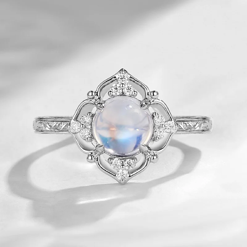 vintage engagement rings for women -Filigree Cabochon Round Cut Moonstone Flower Engagement Ring