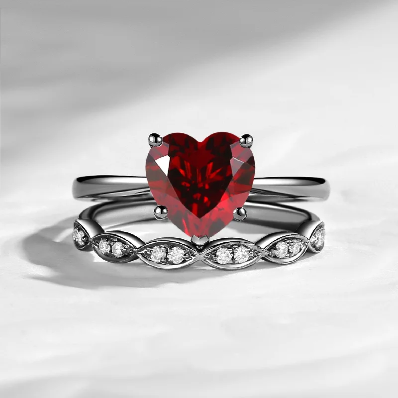 gold engagement rings for women -Unique Heart Shaped Solitare Garnet Engagement Ring 2pcs Set